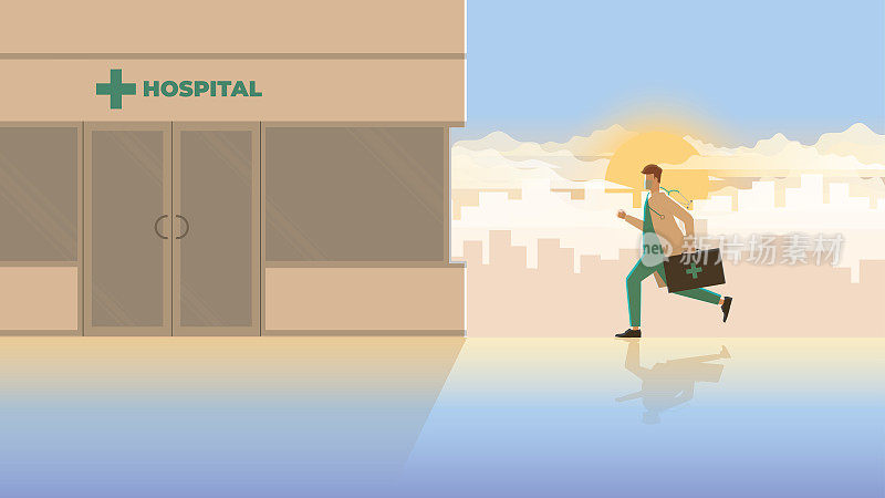 Vector medical concept scene of the urgent medical emergency case. The doctor suddenly run to hospital building in early morning sunrise. Occupation of work hard overtime overwork and responsibility.